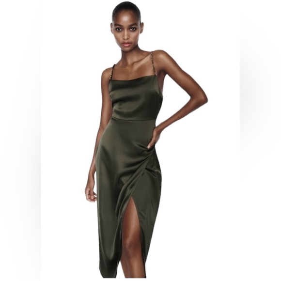 ZARA | NWT Satin Effect Beaded Slip Midi Dress in Khaki/Olive Green, Size Small - Picture 5 of 12
